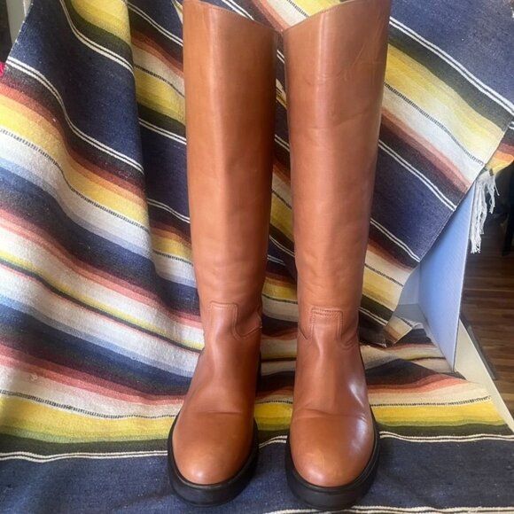 Mango Womens' 9 Leather Riding BootsTan With Black Rubber Soles Elegant Design - Picture 2 of 7